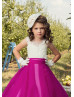 Sleeveless Ivory Lace Fuchsia Organza Corset Back Flower Girl Dress